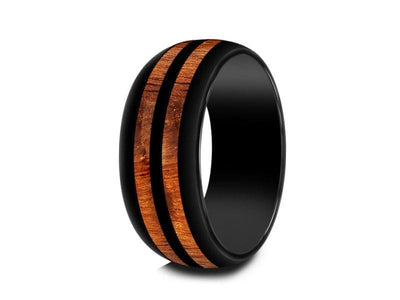 HAWAIIAN Koa Wood Inlay Black Ceramic Ring - Ceramic Wedding Band - 5th. Anniversary - Dome Shaped - Engagement Ring - Comfort Fit  8mm - Vantani Wedding Bands