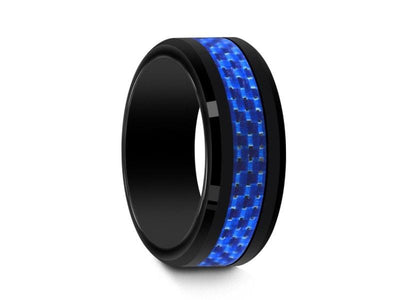 Black Beveled Ceramic Ring With Blue Carbon Fiber Inlay - Ceramic Wedding Band - Blue Carbon Fiber Inlay  Ring - Comfort Fit  8mm - Vantani Wedding Bands