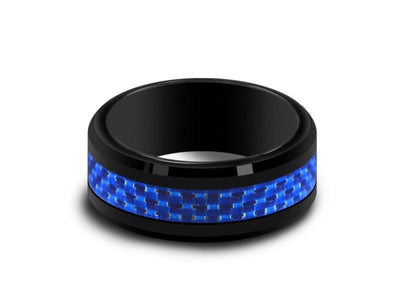 Black Beveled Ceramic Ring With Blue Carbon Fiber Inlay - Ceramic Wedding Band - Blue Carbon Fiber Inlay  Ring - Comfort Fit  8mm - Vantani Wedding Bands