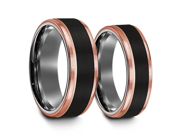 6MM/8MM BRUSHED BLACK TUNGSTEN WEDDING BAND SET ROSE GOLD EDGES