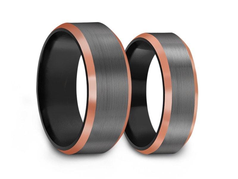 Tungsten Matching Wedding Band Set - Matching Bands - His/Hers - Engagement Ring Set - Two Tone Bands - Beveled Shaped - Comfort Fit  6mm/8mm - Vantani Wedding Bands