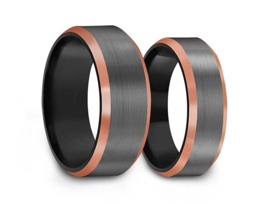 Tungsten Matching Wedding Band Set - Matching Bands - His/Hers - Engagement Ring Set - Two Tone Bands - Beveled Shaped - Comfort Fit  6mm/8mm - Vantani Wedding Bands