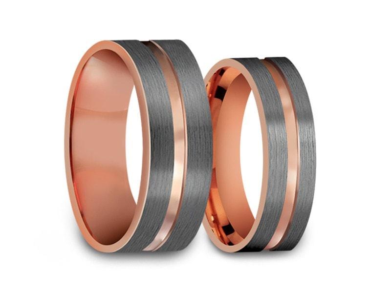 Tungsten Matching Wedding Band Set - Matching Bands - His/Hers - Engagement Ring Set - Two Tone Bands - Flat Shaped - Comfort Fit  6mm/8mm - Vantani Wedding Bands