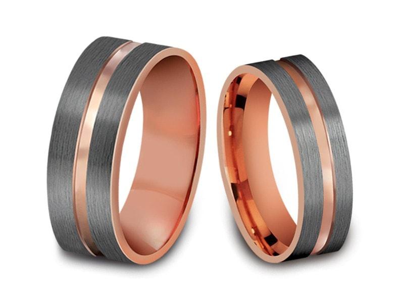Tungsten Matching Wedding Band Set - Matching Bands - His/Hers - Engagement Ring Set - Two Tone Bands - Flat Shaped - Comfort Fit  6mm/8mm - Vantani Wedding Bands