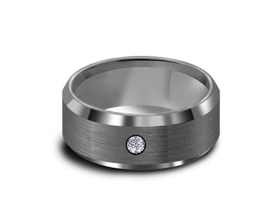 Brushed Tungsten Wedding Band with CZ-  Gunmetal - Engagement Ring - Beveled Shaped - Comfort Fit  8mm - Vantani Wedding Bands