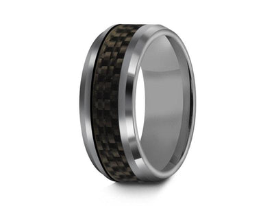 Tungsten Wedding Band With  Carbon Fiber Inlay - High Polish - Engagement Ring - Two Tone - Beveled Shaped - Comfort Fit  8mm - Vantani Wedding Bands