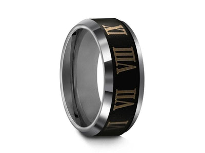 Tungsten Roman Numerals Wedding Band - Brushed Polished - Engagement Ring - Beveled Shaped - Comfort Fit  8mm - Vantani Wedding Bands