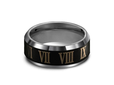 Tungsten Roman Numerals Wedding Band - Brushed Polished - Engagement Ring - Beveled Shaped - Comfort Fit  8mm - Vantani Wedding Bands