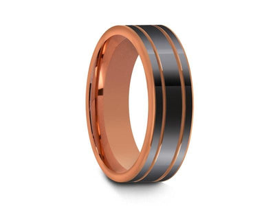 High Polish Rose Gold Tungsten Wedding Band - Rose Gold Plated Inlay - Engagement Ring - Two Tone - Flat Shaped - Comfort Fit  6mm - Vantani Wedding Bands