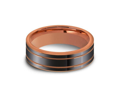 High Polish Rose Gold Tungsten Wedding Band - Rose Gold Plated Inlay - Engagement Ring - Two Tone - Flat Shaped - Comfort Fit  6mm - Vantani Wedding Bands