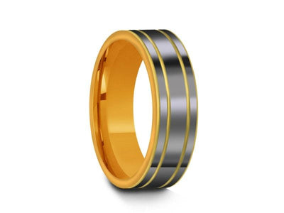 High Polish Yellow Tungsten Wedding Band -  Yellow Gold Plated Inlay - Engagement Ring - Two Tone - Flat Shaped - Comfort Fit  6mm - Vantani Wedding Bands