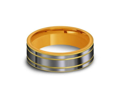 High Polish Yellow Tungsten Wedding Band -  Yellow Gold Plated Inlay - Engagement Ring - Two Tone - Flat Shaped - Comfort Fit  6mm - Vantani Wedding Bands