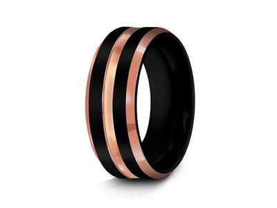 Black Tungsten Wedding Band - Brushed and Polished Ring - Rose Gold Inlay - Two Tone - Engagement Band - Beveled Shaped - Comfort Fit  8mm - Vantani Wedding Bands
