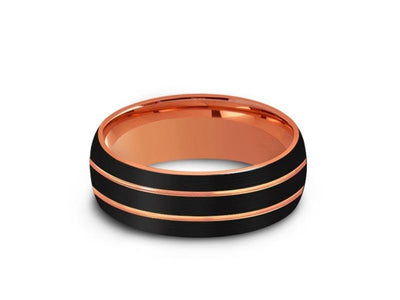 Rose Gold Tungsten Wedding Band - Black Brushed Ring - Engagement Band - Two Tone - Dome Shaped - Comfort Fit  8mm - Vantani Wedding Bands