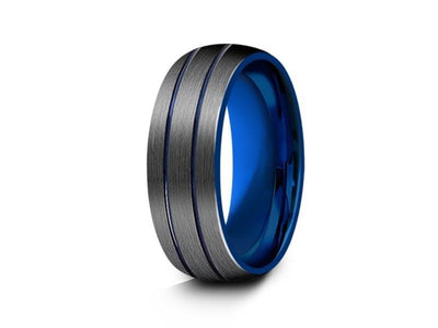 Blue Gunmetal Tungsten Wedding Band - Two Tone - Brushed Polished - Engagement Band - Dome Shaped- Comfort Fit  8mm - Vantani Wedding Bands