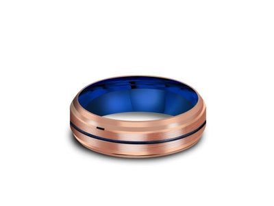 Rose Gold & Blue Tungsten Wedding Band - Brushed and Polish - Engagemnet Ring - Two tone - Ridged Edges - Comfort Fit  6mm - Vantani Wedding Bands