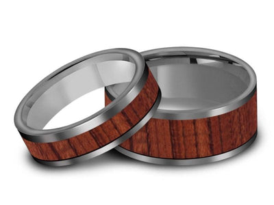 Tungsten Matching Wedding Band Set - Hawaiian Koa Wood Matching Bands - His/Hers - Engagement Ring Set - Two Tone Bands - Flat Shaped - Comfort Fit  6mm/8mm - Vantani Wedding Bands