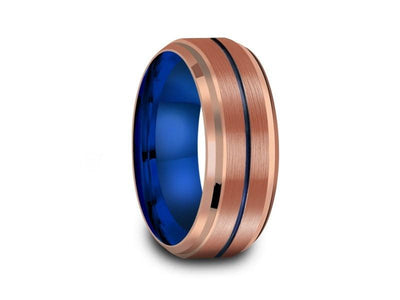 Rose Gold & Blue Tungsten Wedding Band - Brushed and Polish - Engagement Ring- Two Tone - Ridged Edges - Comfort Fit  8mm - Vantani Wedding Bands
