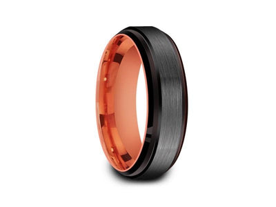 Brushed Tungsten Wedding Band - Rose Gold Plated Inlay - Engagement Ring - Ridged Edges - Comfort Fit  6mm - Vantani Wedding Bands