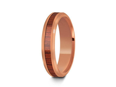 HAWAIIAN Koa Wood Inlay Tungsten Carbide Rose Gold Ring - Koa Wood Wedding Band - Engagement Ring - Beveled Shaped - Comfort Fit  4mm - Vantani Wedding Bands