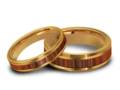 Tungsten Matching Wedding Band Set - Hawaiian Koa Wood Matching Bands - His/Hers - Engagement Ring Set - Two Tone Bands Beveled Shaped - Comfort Fit 4mm/6mm - Vantani Wedding Bands