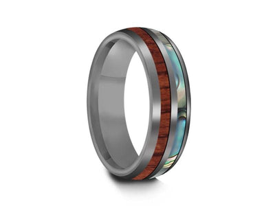 HAWAIIAN Koa Wood & Abalone Inlay Tungsten Ring - Koa Wood Wedding Band - Shell Inlay Ring - Engagement Band - Dome Shaped - Comfort Fit  6mm - Vantani Wedding Bands