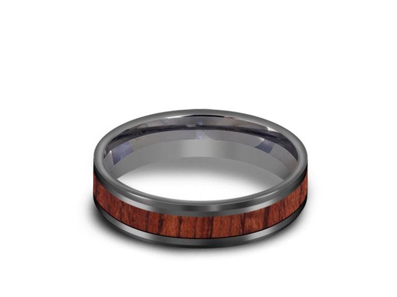 HAWAIIAN Koa Wood Inlay Tungsten Carbide Ring - Koa Wood Wedding Band - Engagement Ring - Beveled Shaped - Comfort Fit  5mm - Vantani Wedding Bands