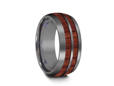 HAWAIIAN Double Koa Wood Row Inlay Tungsten Carbide Ring - Koa Wood Wedding Band -  Engagement Band - Dome Shaped - Comfort Fit  8mm - Vantani Wedding Bands
