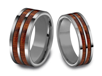 Tungsten Matching Wedding Band Set - Hawaiian Koa Wood Matching Bands - His/Hers- Engagement Ring Set- Two Tone Bands - Flat Shaped - Comfort Fit  6mm/8mm - Vantani Wedding Bands