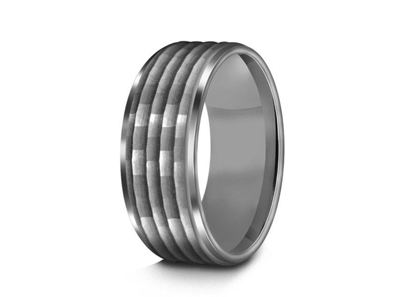 Hammered Polished Tungsten Wedding Band - Gray Gunmetal - Engagement Ring - Ridged Edges - Comfort Fit  8mm - Vantani Wedding Bands