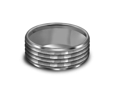 Hammered Polished Tungsten Wedding Band - Gray Gunmetal - Engagement Ring - Ridged Edges - Comfort Fit  8mm - Vantani Wedding Bands