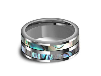 Abalone Shell Tungsten Carbide Wedding Band - Double Abalone Inlay Ring - Shell Ring - Engagement Band - Flat Shaped - Comfort Fit  8mm - Vantani Wedding Bands