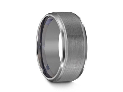 Brushed and Polished Tungsten Wedding Band - Gray Gunmetal - Engagement Ring - Ridged Edges - Comfort Fit  8mm - Vantani Wedding Bands