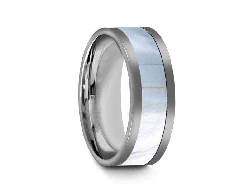 Mother of Pearl Inlay Tungsten Carbide Ring - Wedding Band - Engagement Ring - MOP Inlay - Flat Shaped - Comfort Fit  8mm - Vantani Wedding Bands