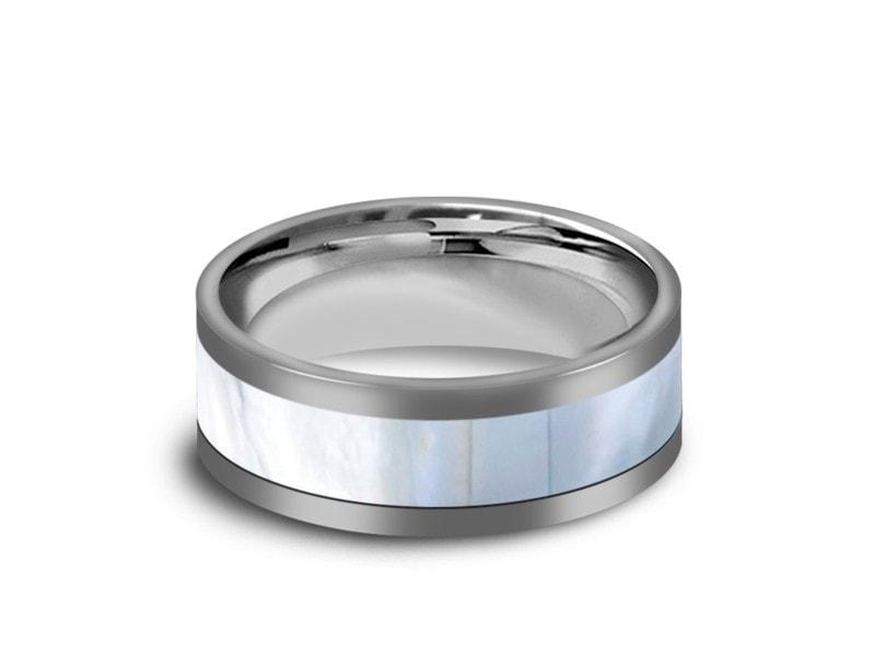 Mother of Pearl Inlay Tungsten Carbide Ring - Wedding Band - Engagement Ring - MOP Inlay - Flat Shaped - Comfort Fit  8mm - Vantani Wedding Bands