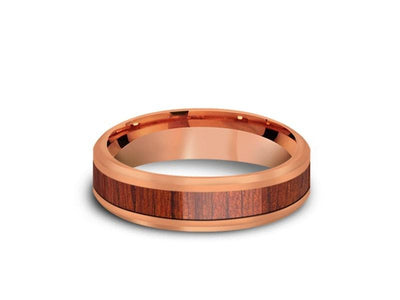 HAWAIIAN Koa Wood Inlay Tungsten Carbide Rose Gold Ring - Koa Wood Wedding Band - Engagement Ring - Beveled Shaped - Comfort Fit  6mm - Vantani Wedding Bands